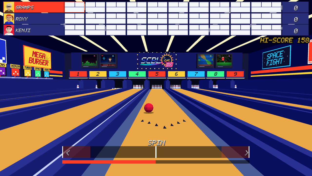 An online match with three players on the scoreboard and the spin meter showing